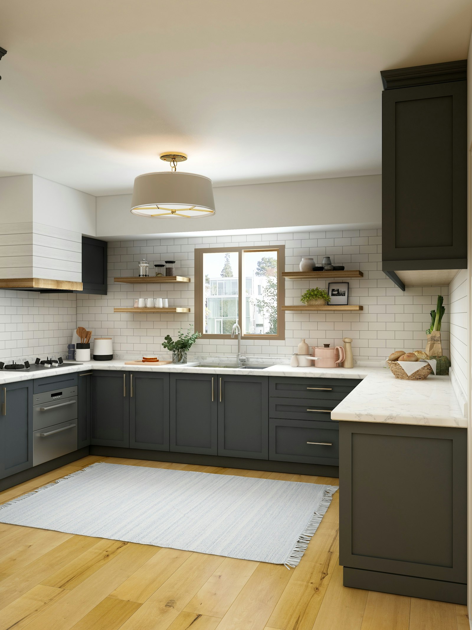 Remodeled kitchen with island and open shelving